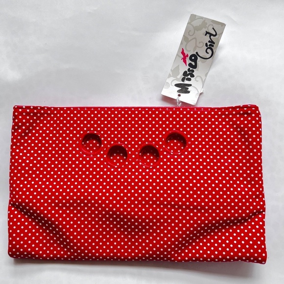 Missco Girl Vegan Leather Clutch Finger Grip Bag / Purse Red White Polka Dot New - Picture 1 of 4